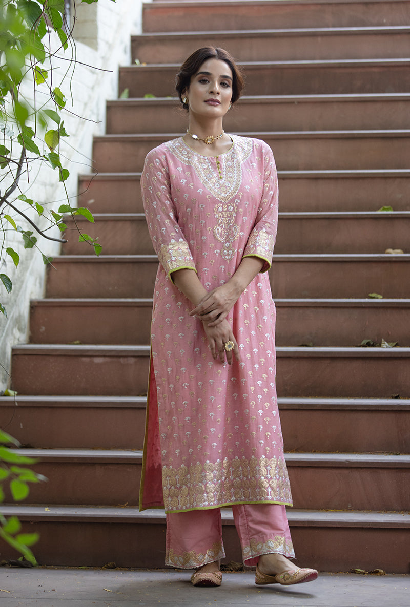 Pink Peacock Neck Hasrat Kurta Set