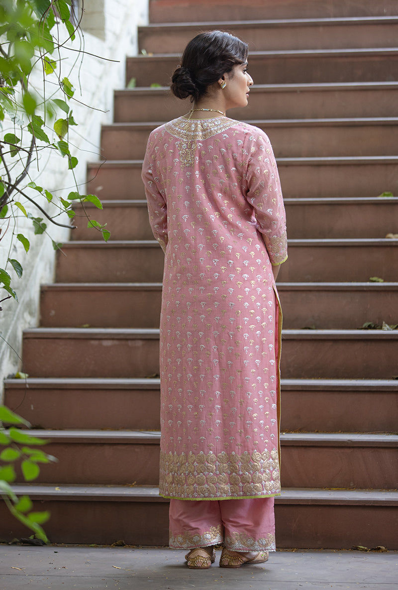 Pink Peacock Neck Hasrat Kurta Set