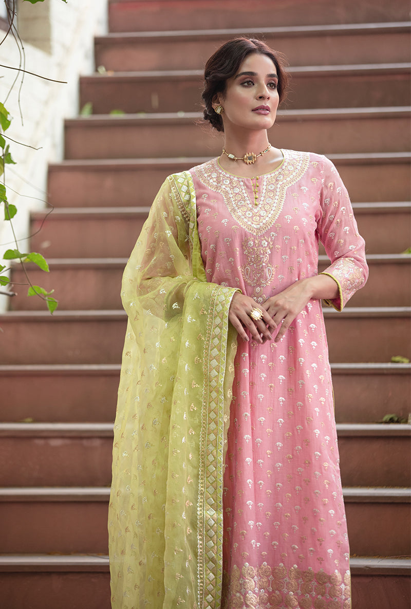 Pink Peacock Neck Hasrat Kurta Set