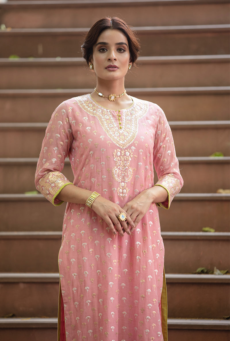 Pink Peacock Neck Hasrat Kurta Set