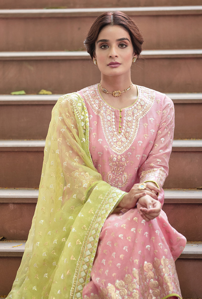 Pink Peacock Neck Hasrat Kurta Set