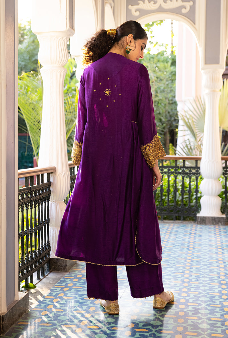 Purple Heavy Pitta Neck & Marodi Sleeves Sunehri Kurta Set