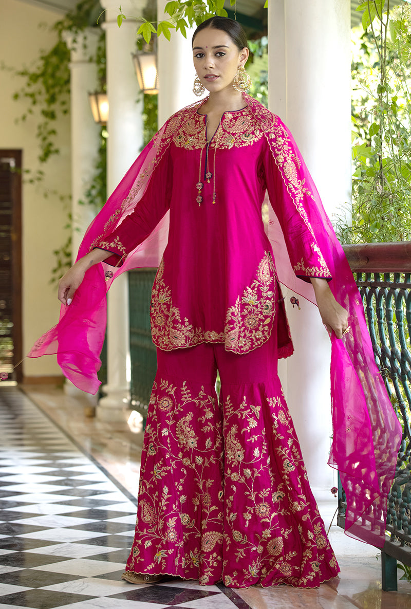 Rani Pink Kairi Buta Full  Jaal Zeenat Gharara Set