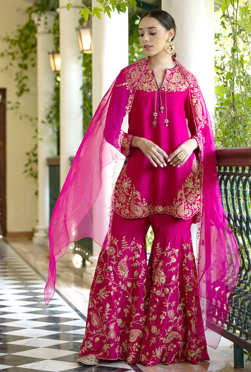Rani Pink Kairi Buta Full  Jaal Zeenat Gharara Set