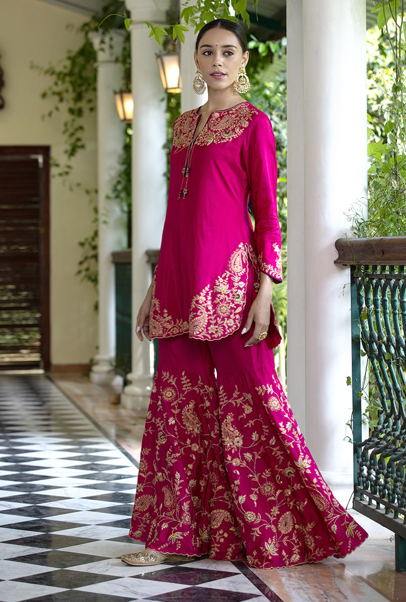 Rani Pink Kairi Buta Full  Jaal Zeenat Gharara Set