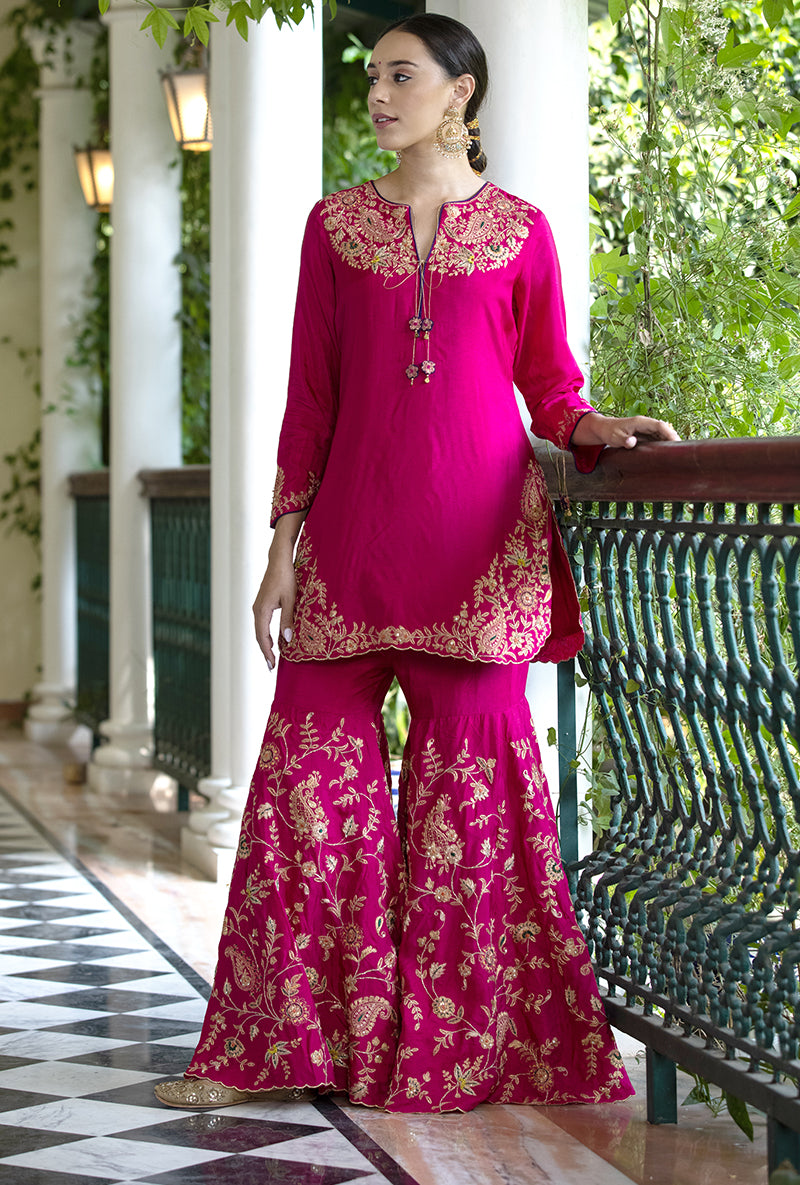 Rani Pink Kairi Buta Full  Jaal Zeenat Gharara Set