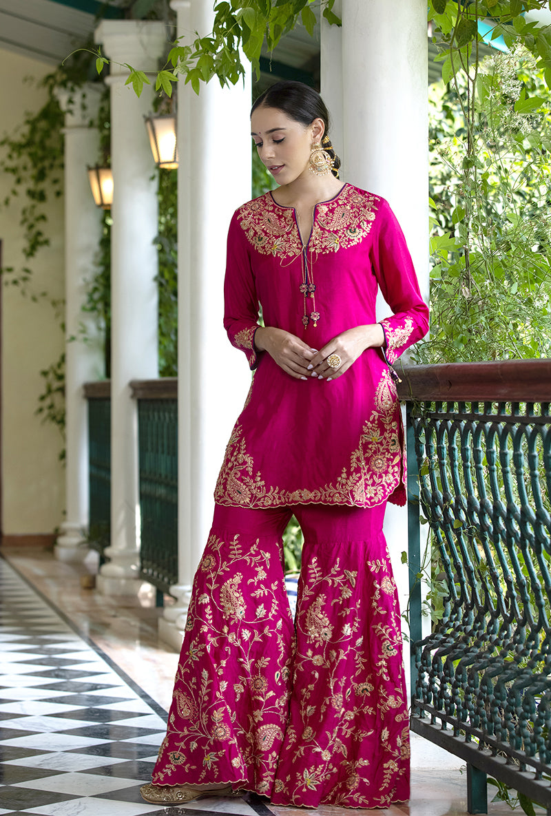 Rani Pink Kairi Buta Full  Jaal Zeenat Gharara Set