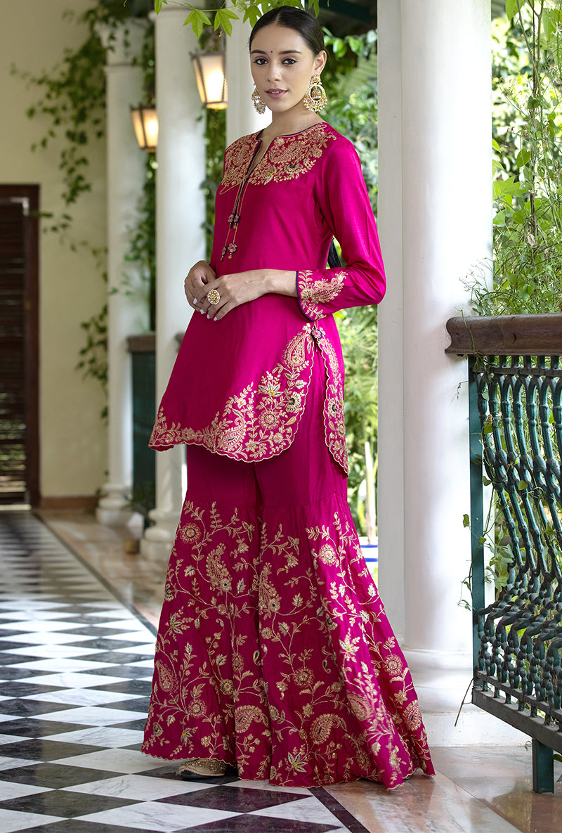 Rani Pink Kairi Buta Full  Jaal Zeenat Gharara Set