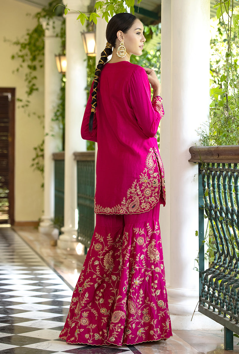 Rani Pink Kairi Buta Full  Jaal Zeenat Gharara Set