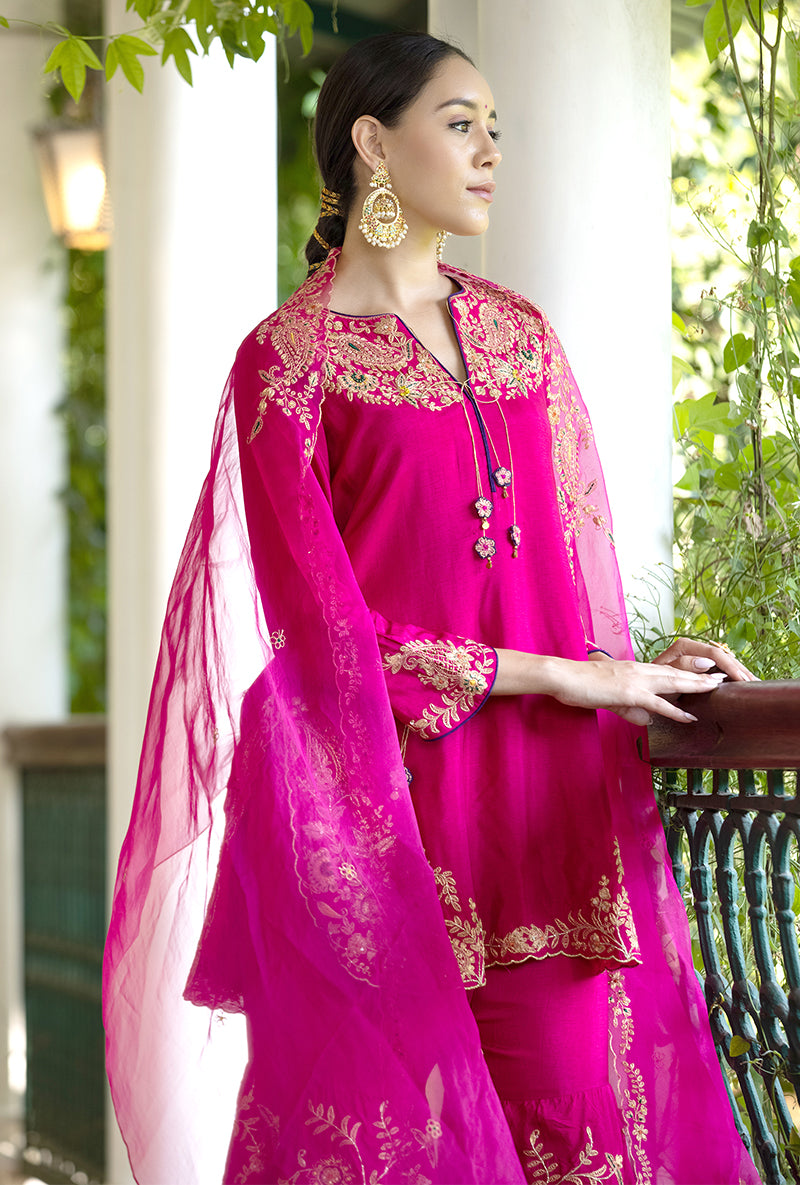 Rani Pink Kairi Buta Full  Jaal Zeenat Gharara Set