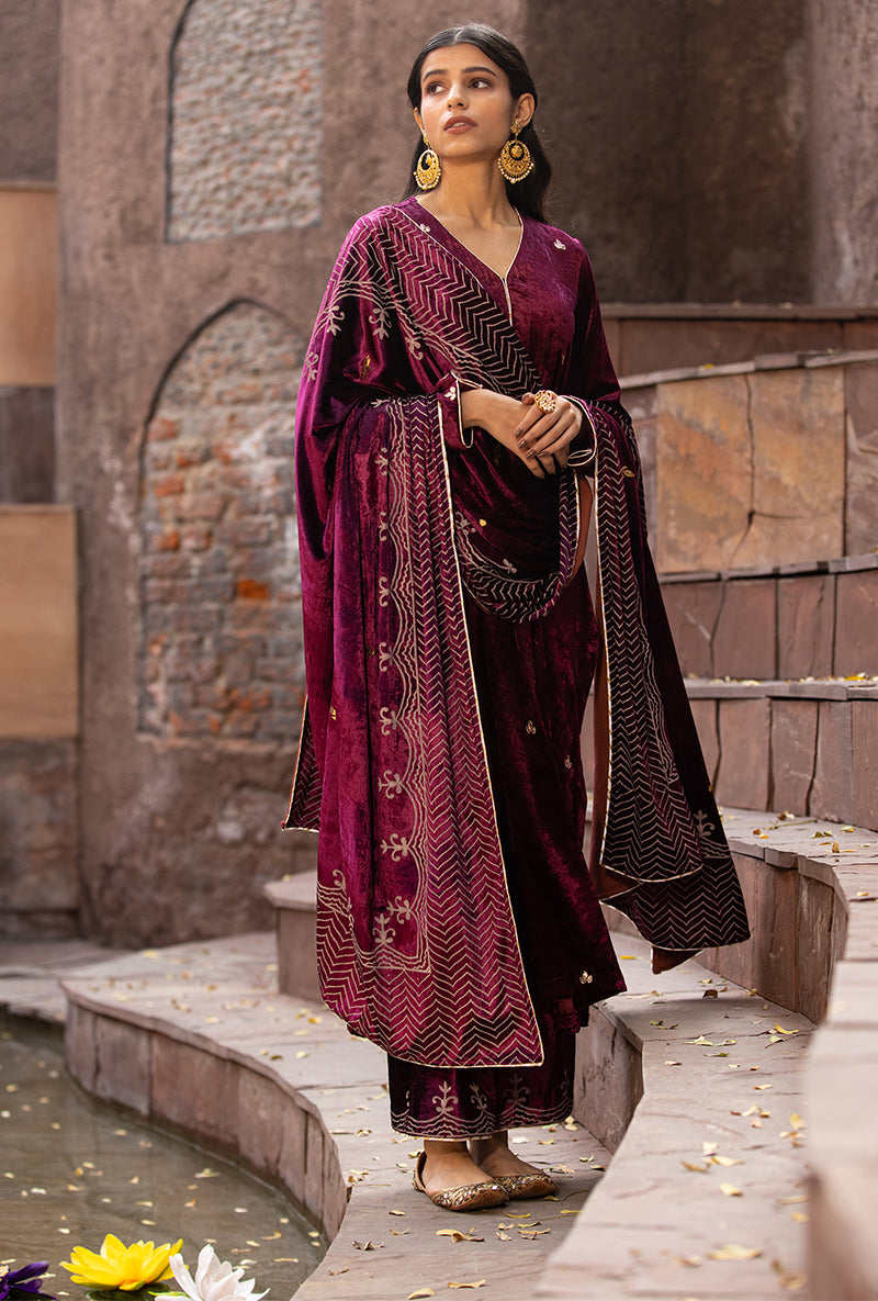 Wine Leaf Embroidery Ruhaani Kurta Set