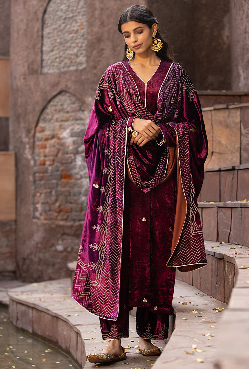 Wine Leaf Embroidery Ruhaani Kurta Set