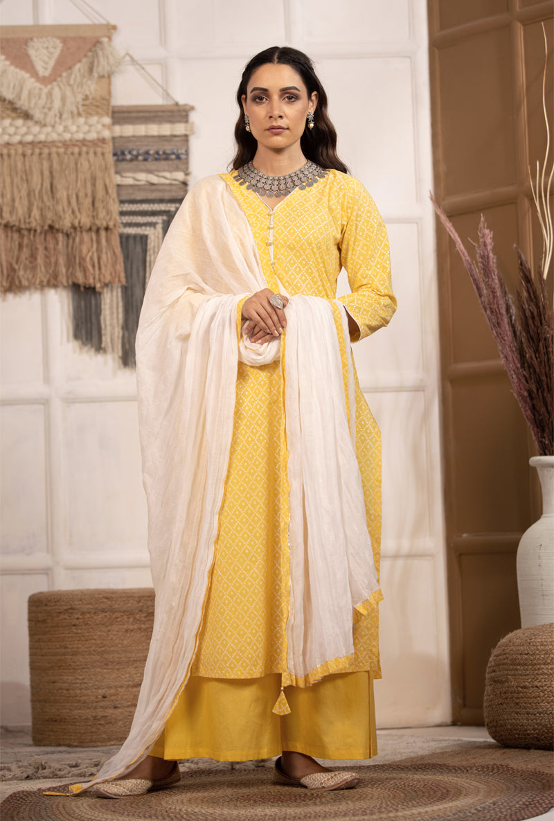 Yellow Bandhej Straight Kurta Set