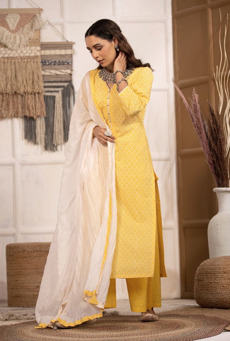 Yellow Bandhej Straight Kurta Set