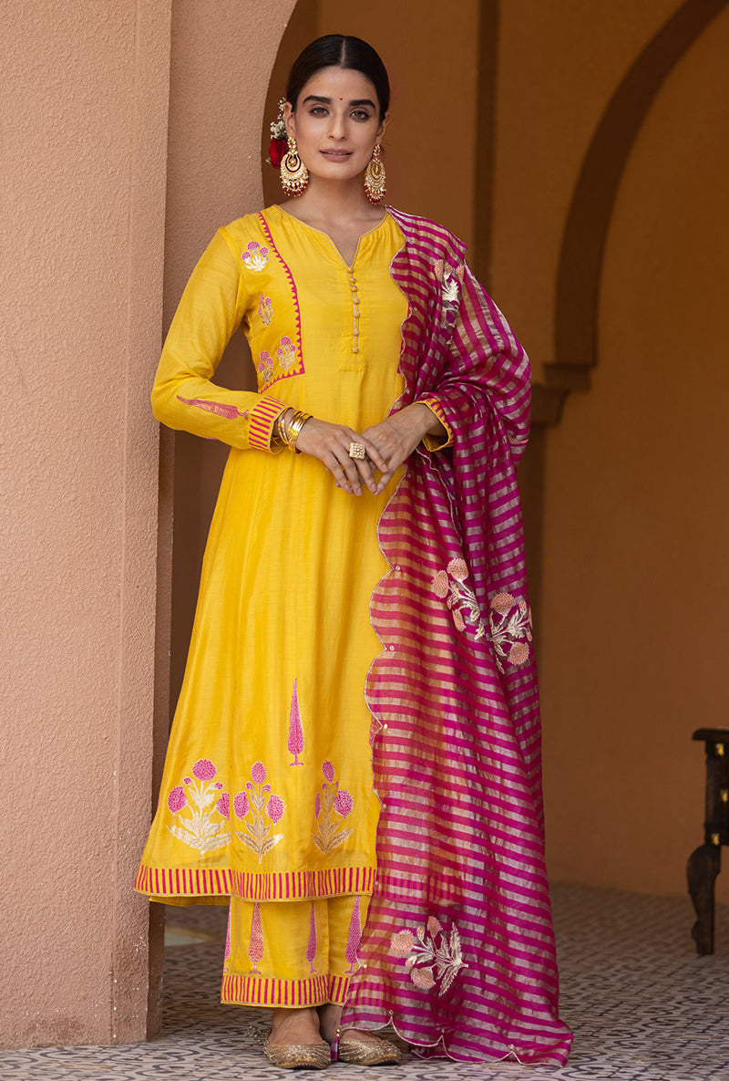 Yellow A-line Nayaab Kurta Set