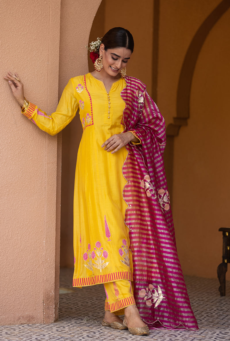 Yellow A-line Nayaab Kurta Set