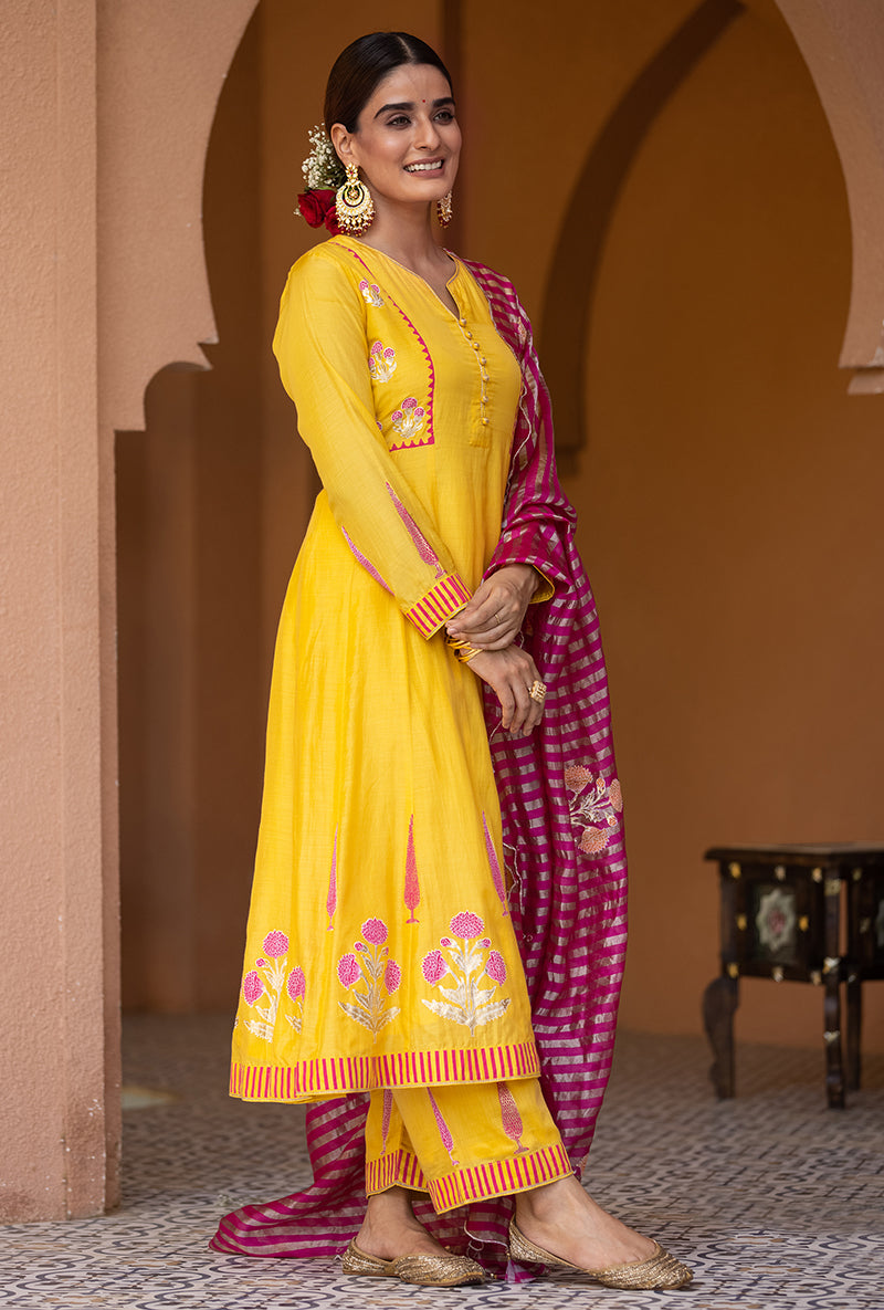 Yellow A-line Nayaab Kurta Set