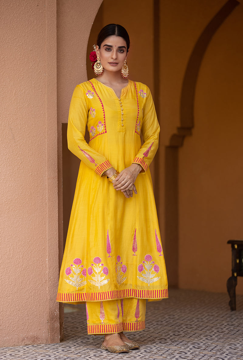 Yellow A-line Nayaab Kurta Set