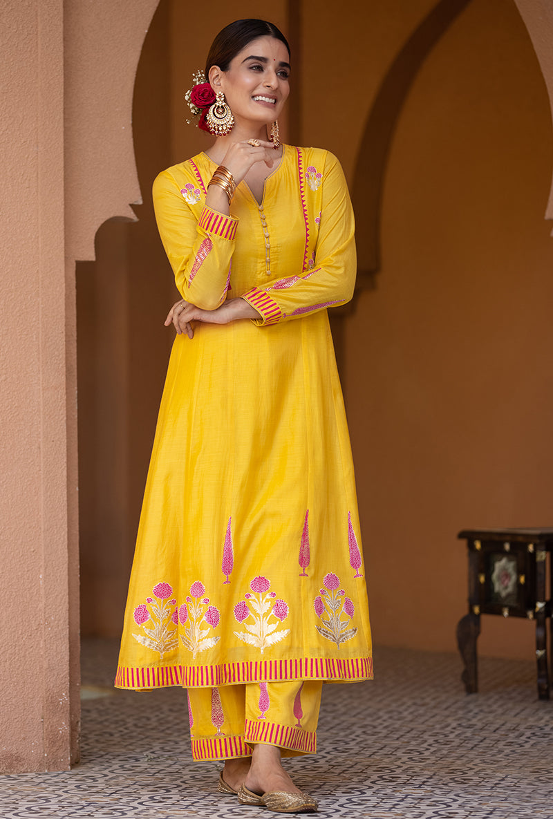 Yellow A-line Nayaab Kurta Set