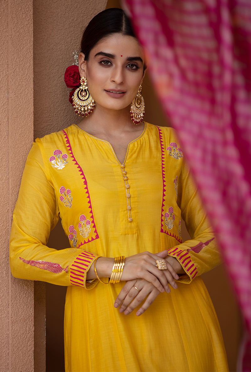 Yellow A-line Nayaab Kurta Set