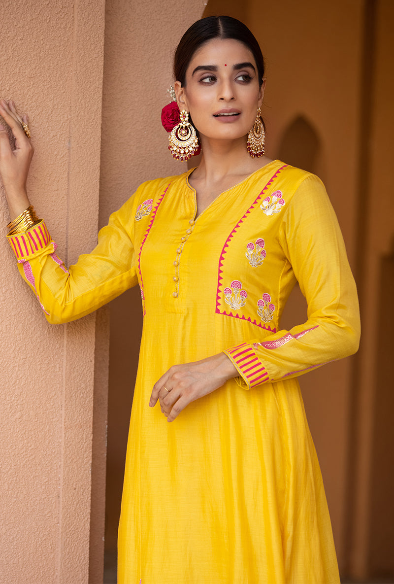 Yellow A-line Nayaab Kurta Set
