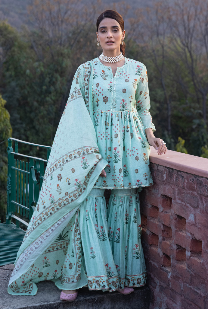 Mint Green Mirror Work Yoke Malang Gharara Set