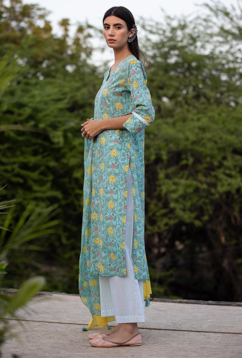 Aqua Sequin Pankhuri Kurta Set