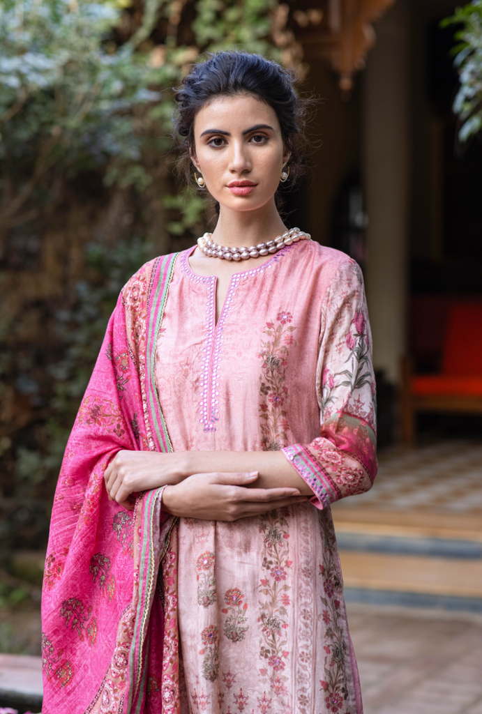 Pink Mirror Work Malang Kurta Set
