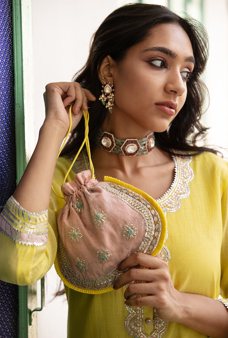 Yellow And Pink Scallop Neckline Mastaani Kurta Set