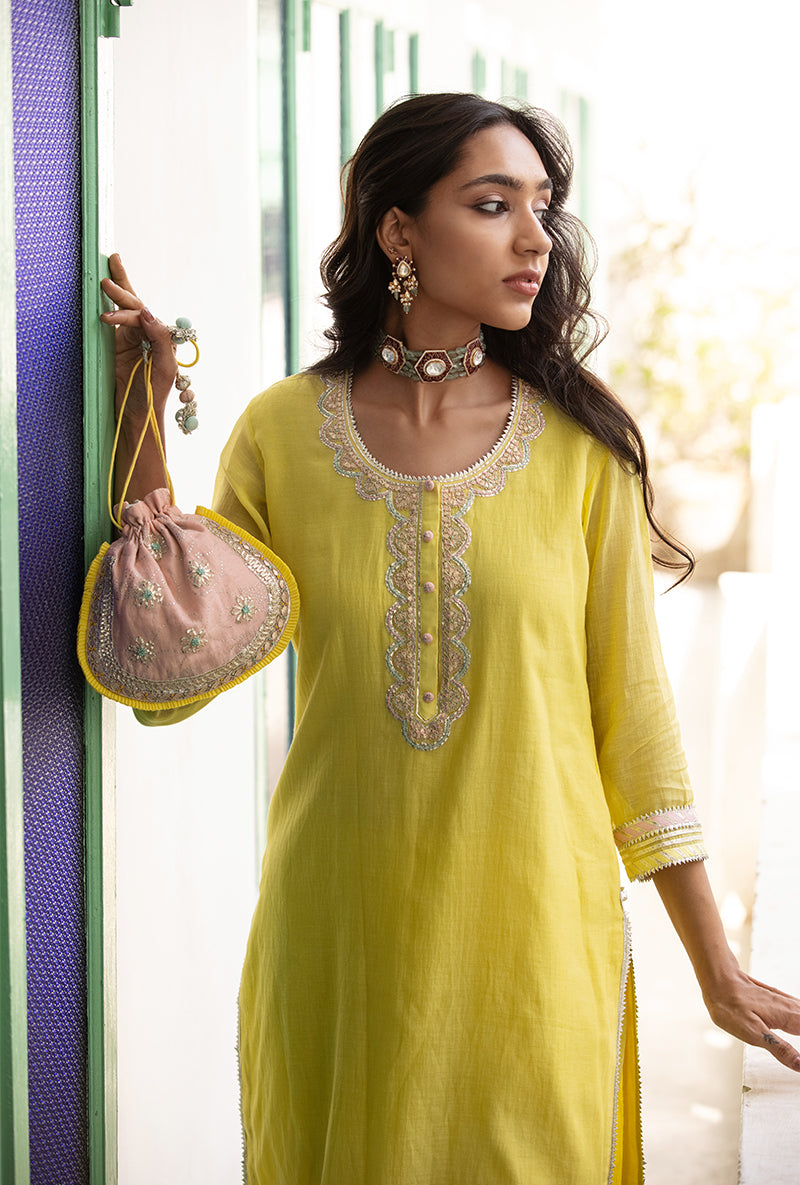Yellow And Pink Scallop Neckline Mastaani Kurta Set