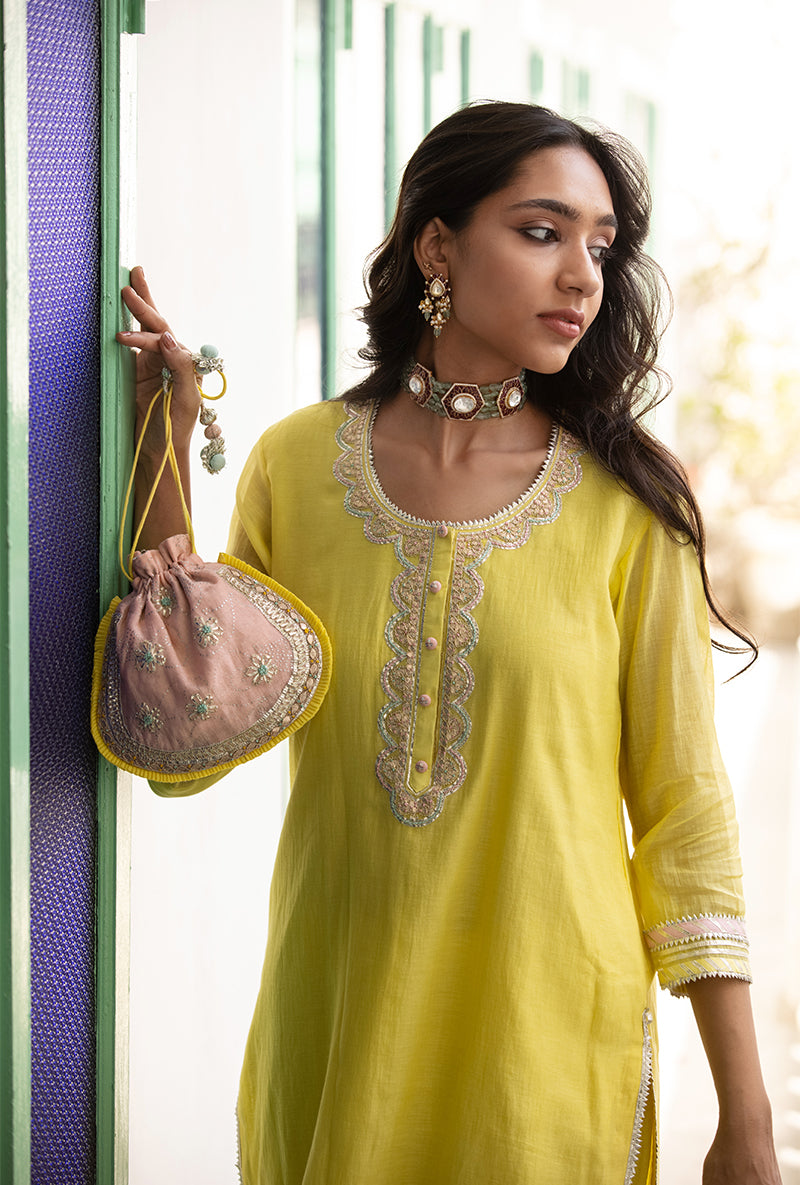 Yellow And Pink Scallop Neckline Mastaani Kurta Set