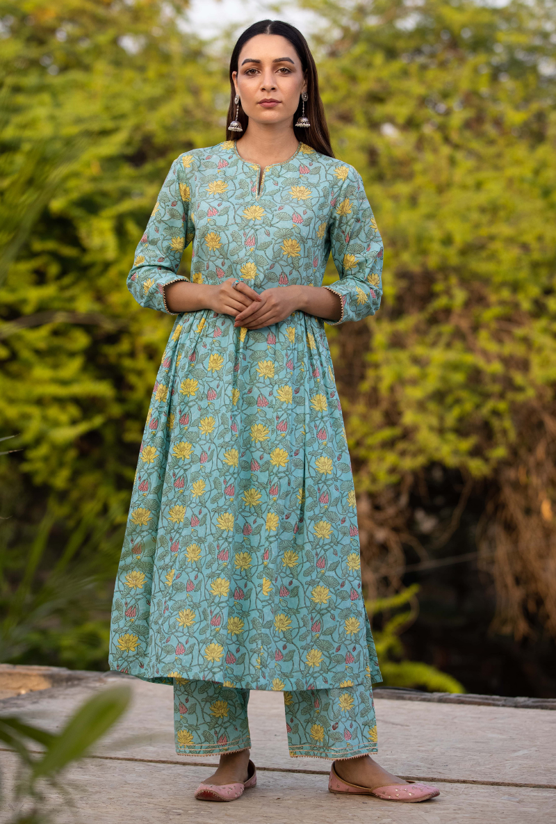 Aqua/Yellow Pankhuri Anarkali Kurta Set