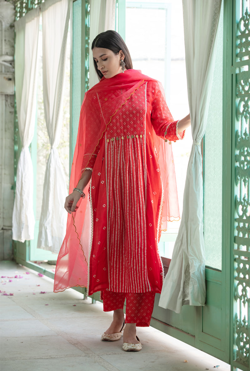 Coral Red Coin Yoke Nura Kurta Set