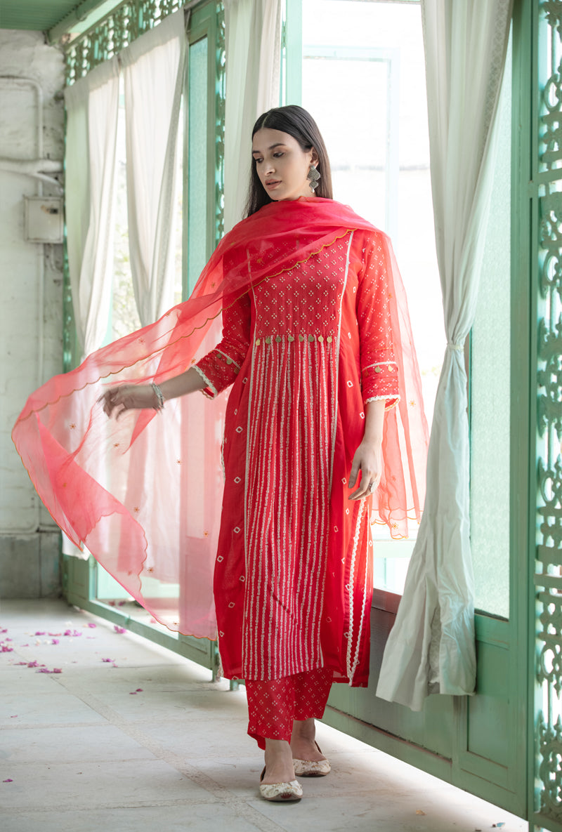 Coral Red Coin Yoke Nura Kurta Set