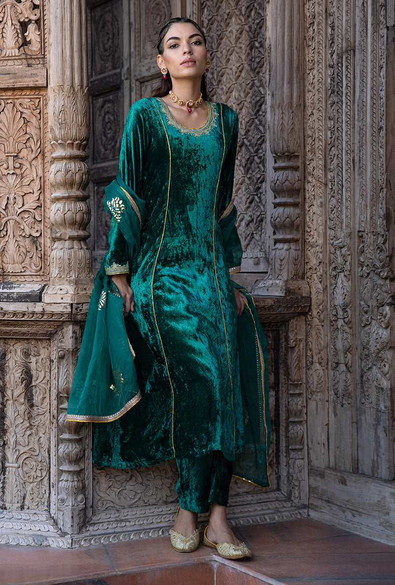 Green Velvet A-line Foil Falak Kurta Set