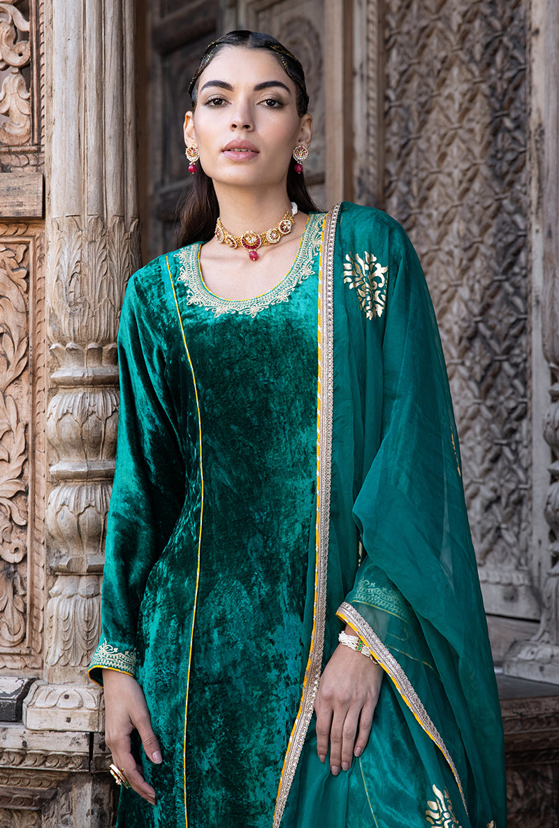 Green Velvet A-line Foil Falak Kurta Set