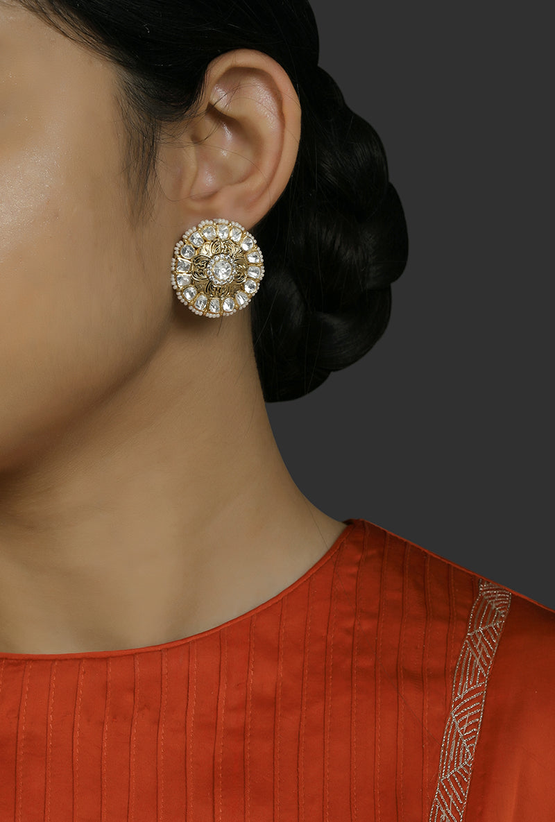 Gold Plated Silver Texture Ear Studs With Polki Border