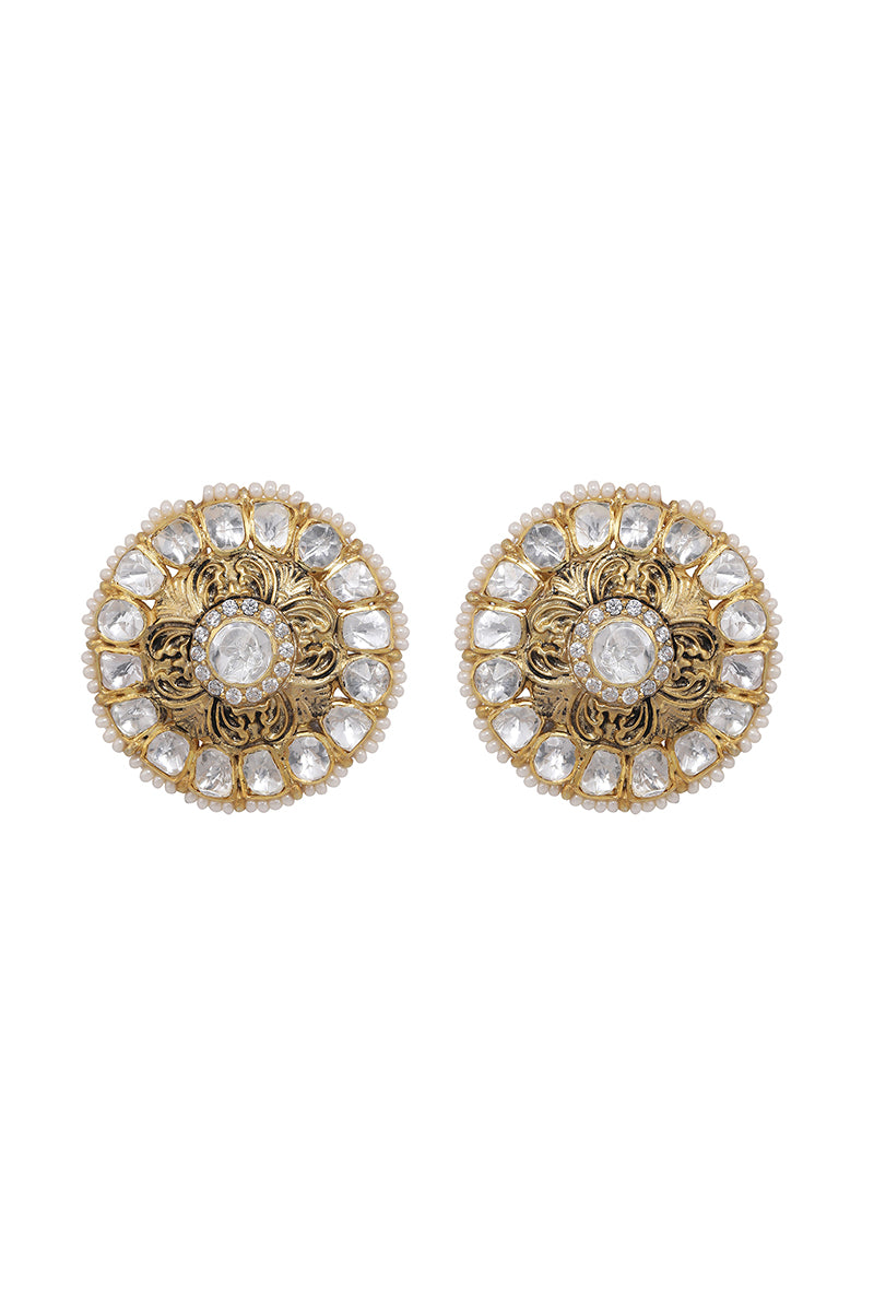 Gold Plated Silver Texture Ear Studs With Polki Border