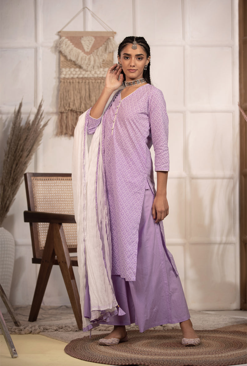 Lilac Bandhej Straight Kurta Set