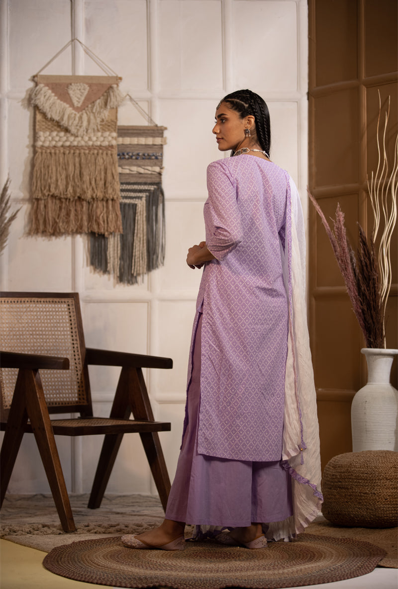 Lilac Bandhej Straight Kurta Set