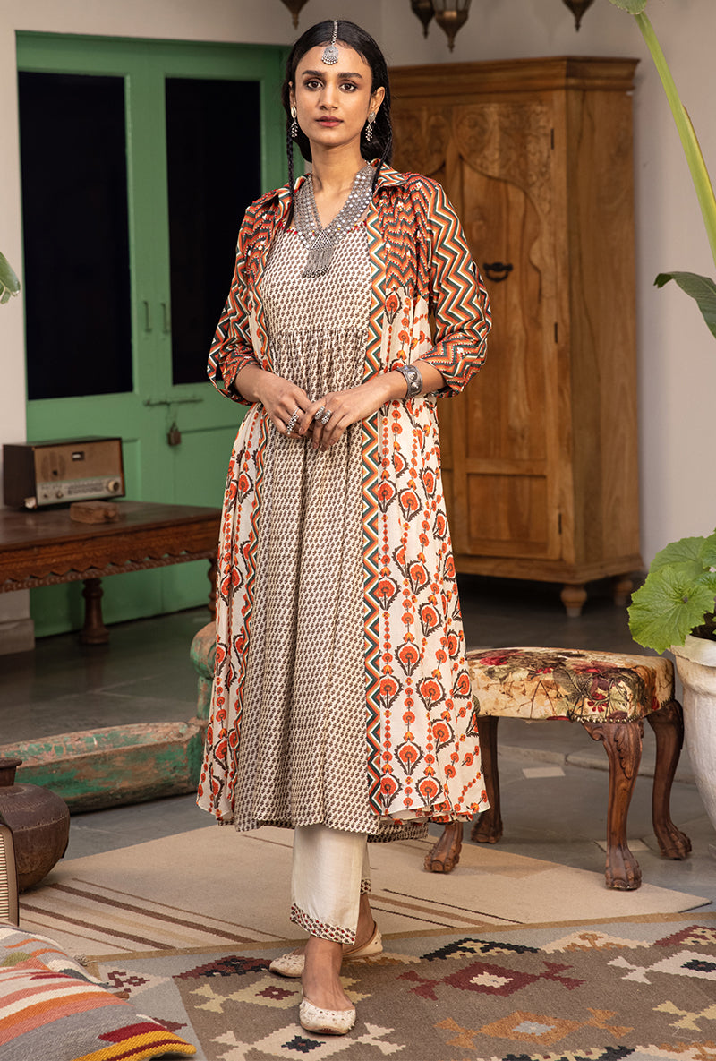 Off White & Brown Mughal Print Jacket Maahru Kurta Set