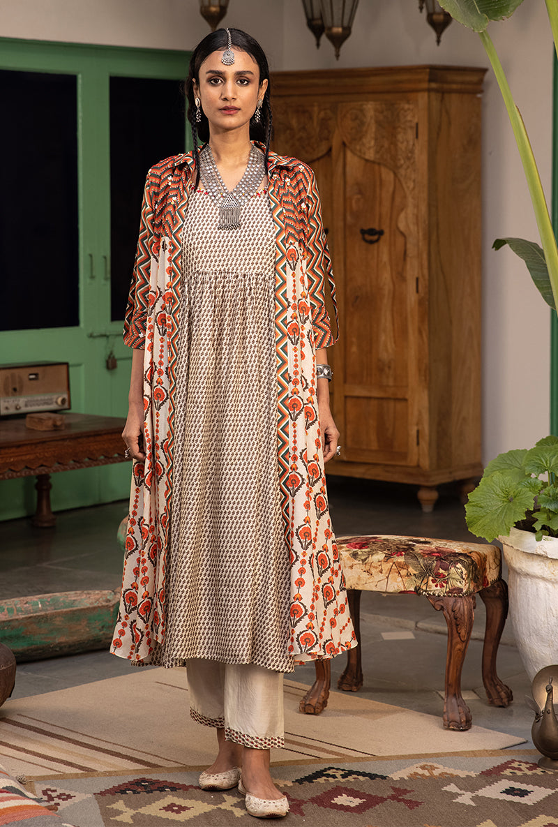 Off White & Brown Mughal Print Jacket Maahru Kurta Set