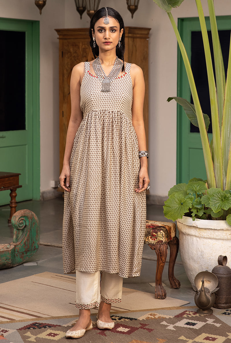 Off White & Brown Mughal Print Jacket Maahru Kurta Set
