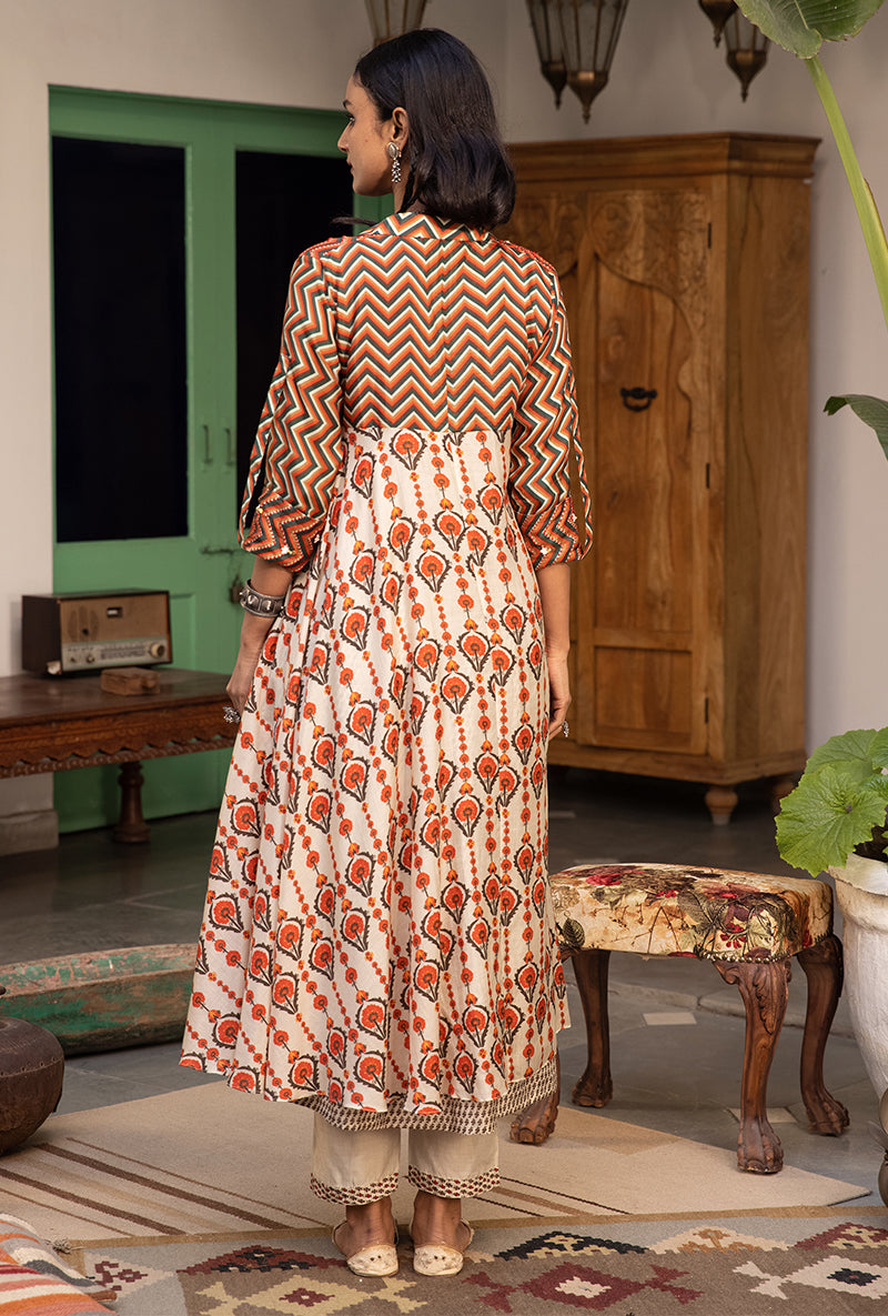 Off White & Brown Mughal Print Jacket Maahru Kurta Set