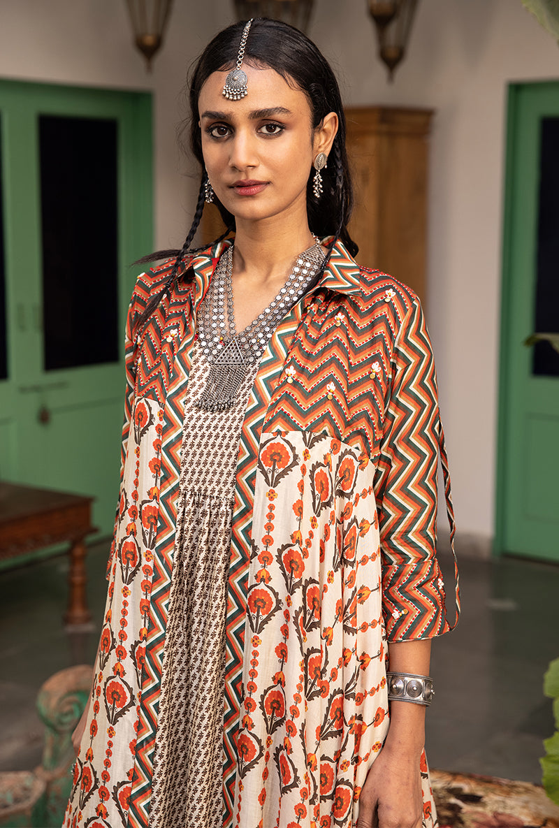 Off White & Brown Mughal Print Jacket Maahru Kurta Set