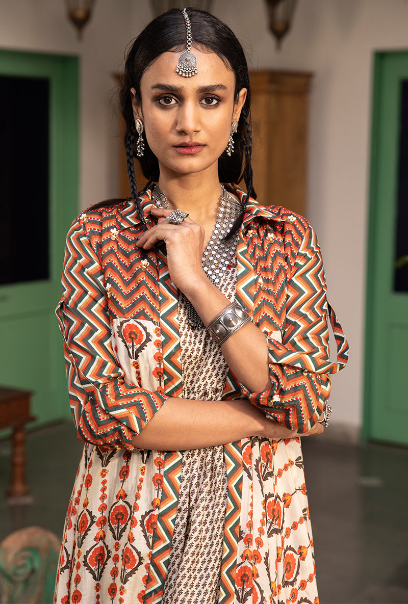 Off White & Brown Mughal Print Jacket Maahru Kurta Set