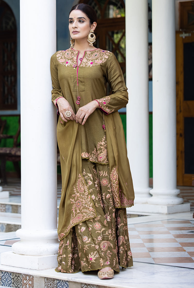 Olive Green Kairi Buta Full Jaal Zeenat Gharara Set