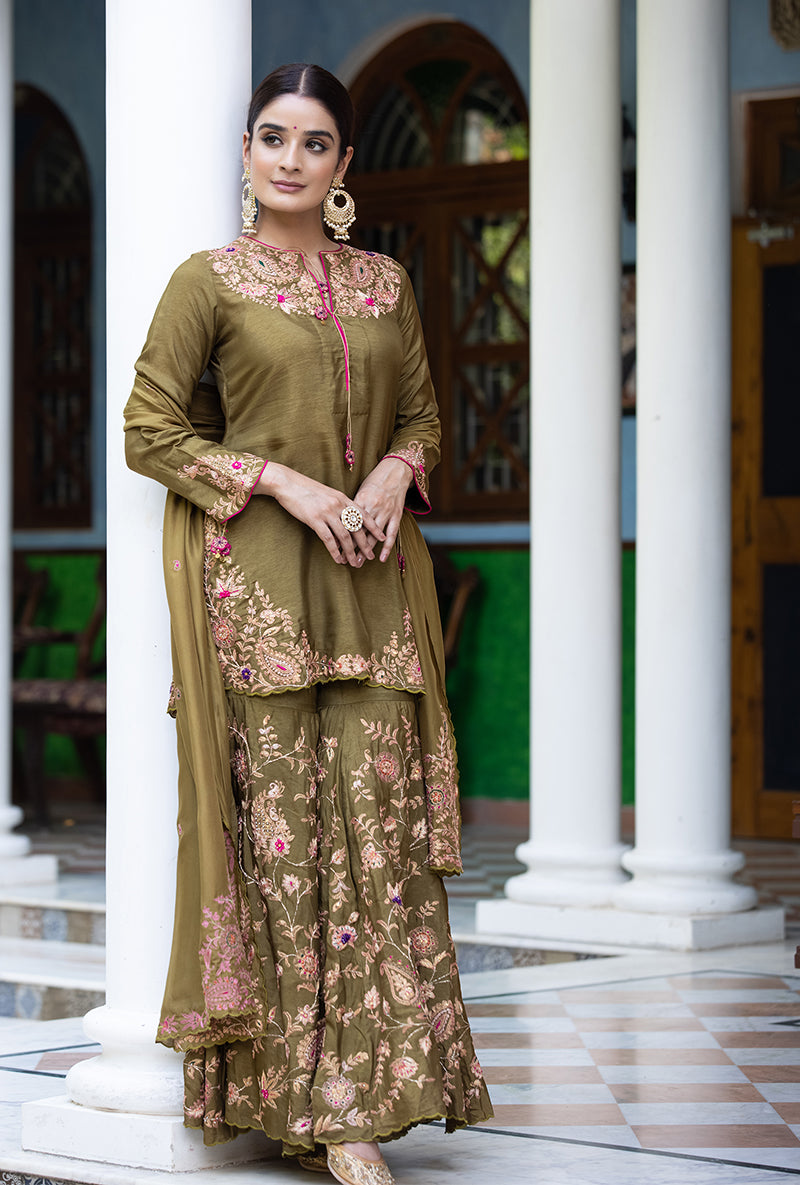 Olive Green Kairi Buta Full Jaal Zeenat Gharara Set