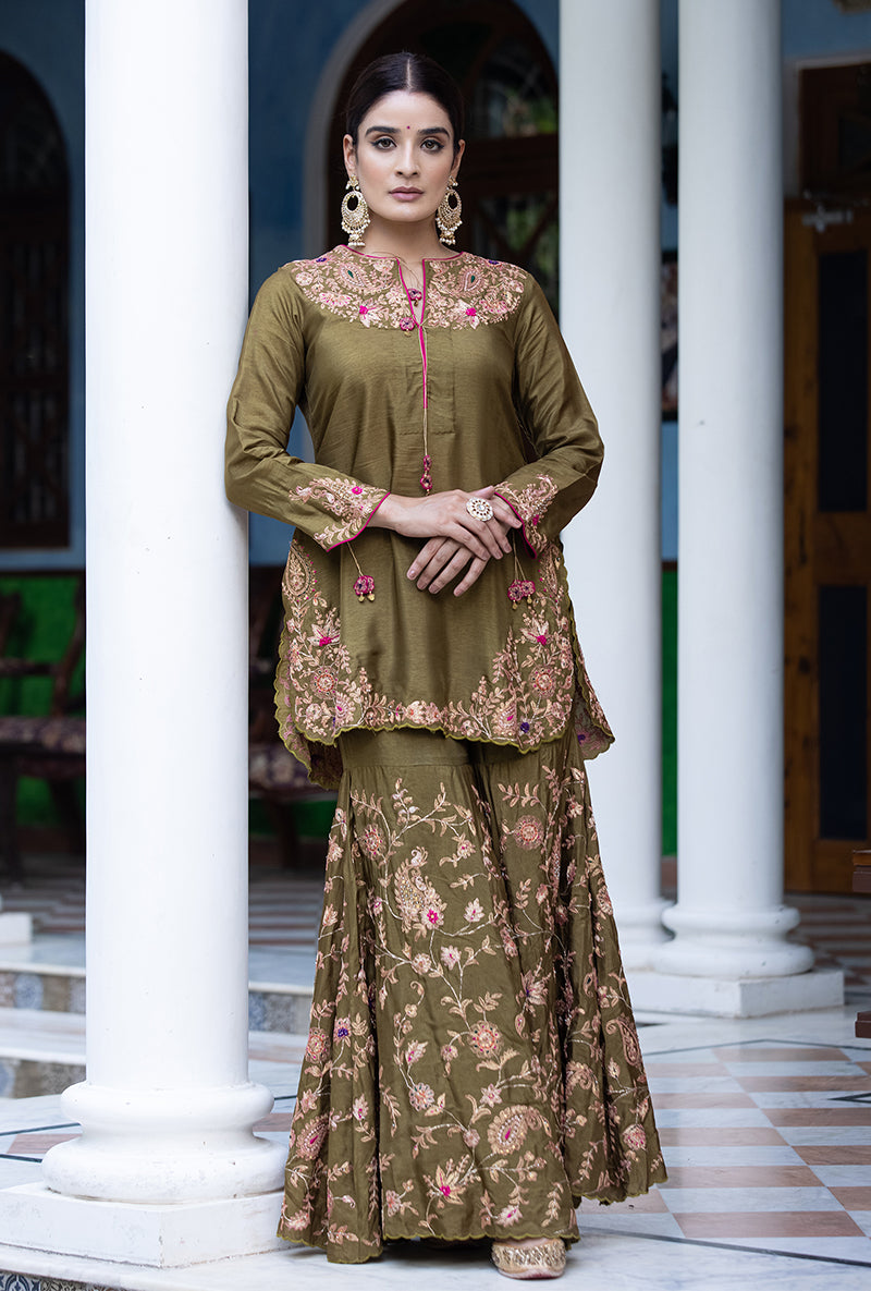 Olive Green Kairi Buta Full Jaal Zeenat Gharara Set