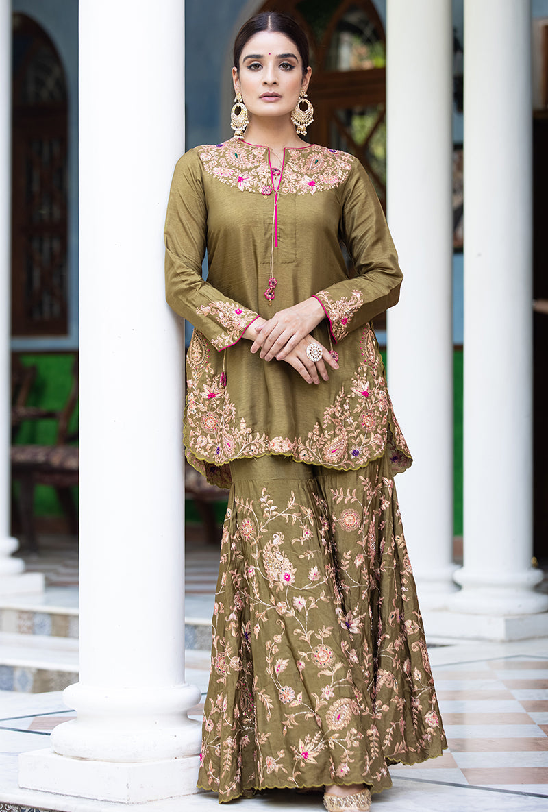Olive Green Kairi Buta Full Jaal Zeenat Gharara Set